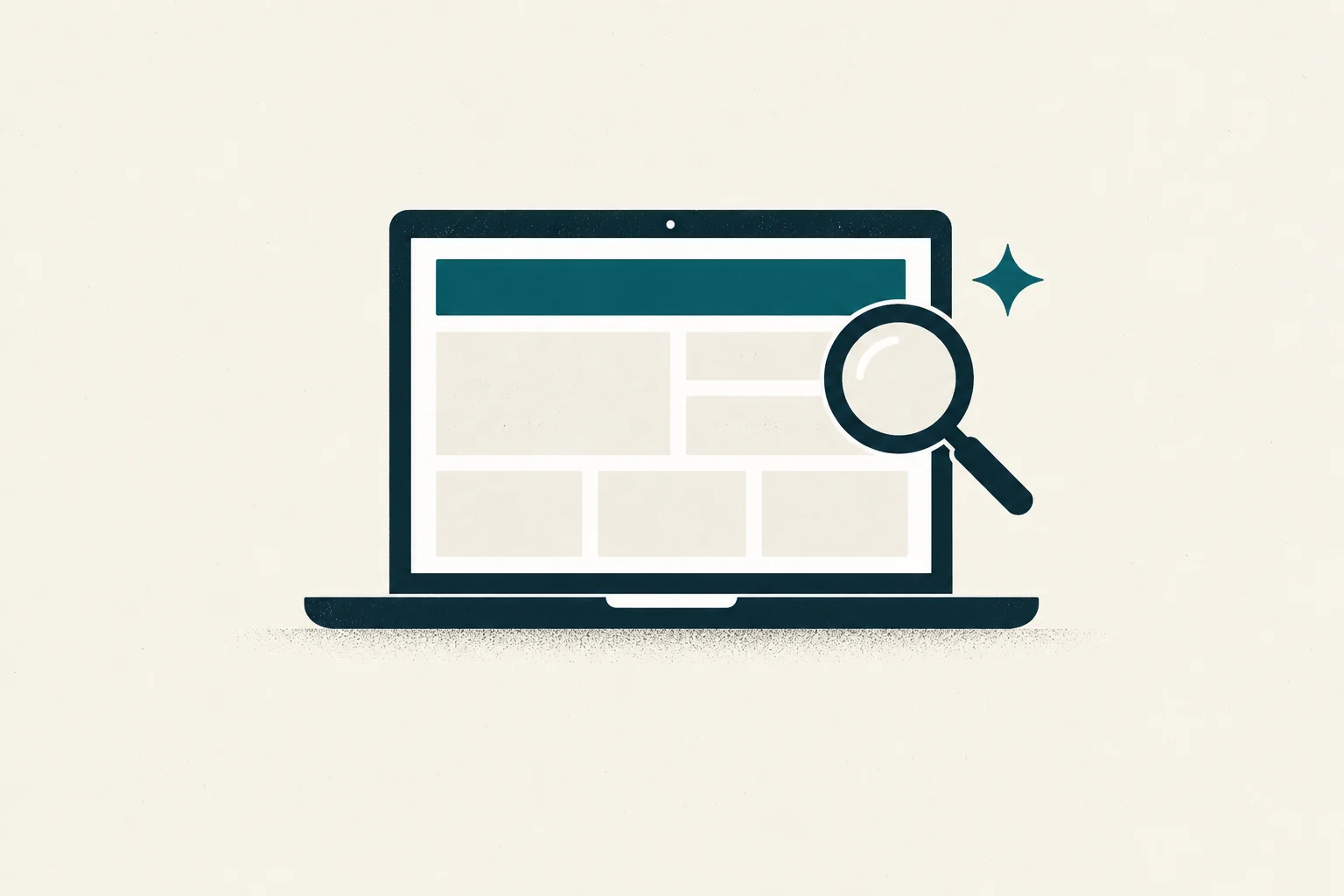 Laptop showing a structured website while a magnifying glass checks its page layout