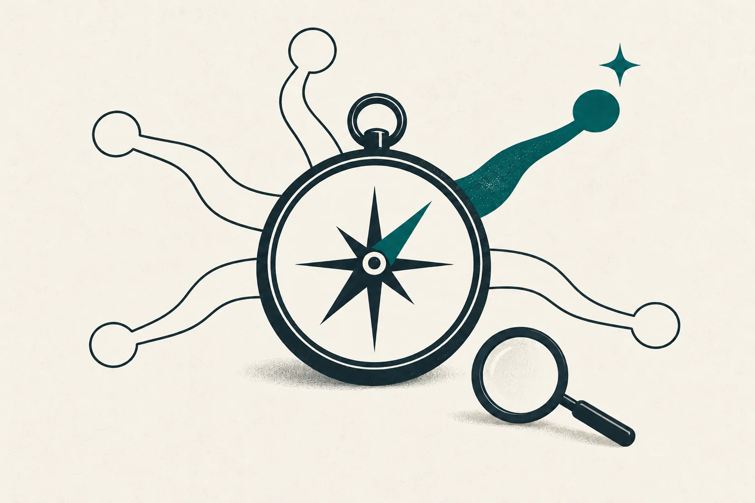 Compass at the center of several possible paths with a magnifying glass for niche research