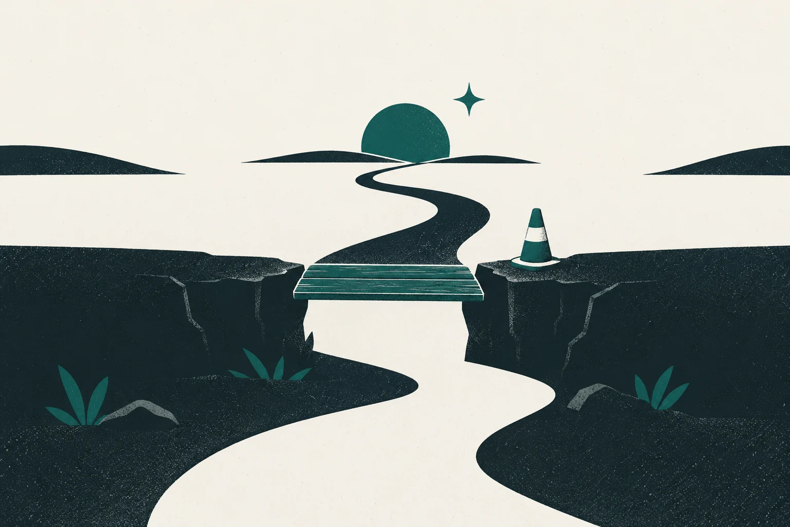 A winding path crossing a broken gap by a narrow bridge and passing a warning cone