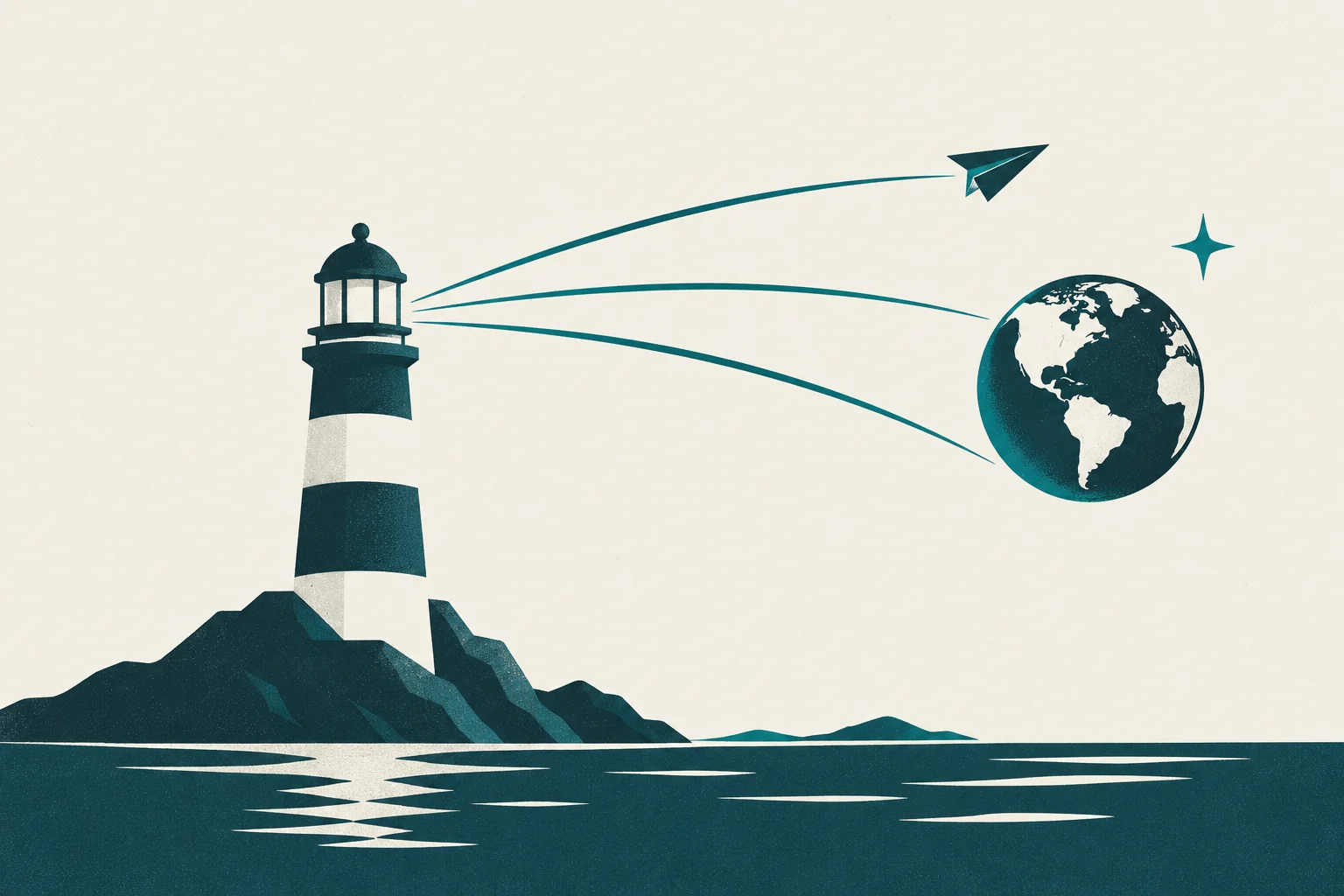 Lighthouse sending three guiding paths toward a globe and a paper plane