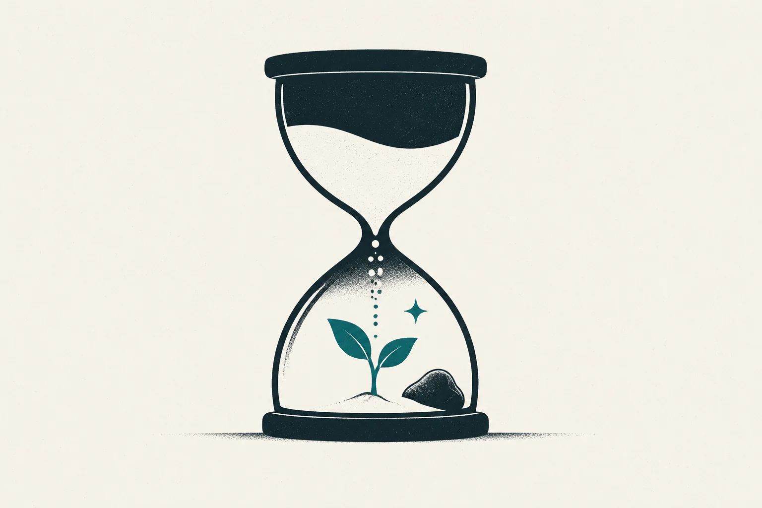 An hourglass with falling sand above a small sprouting plant and a stone