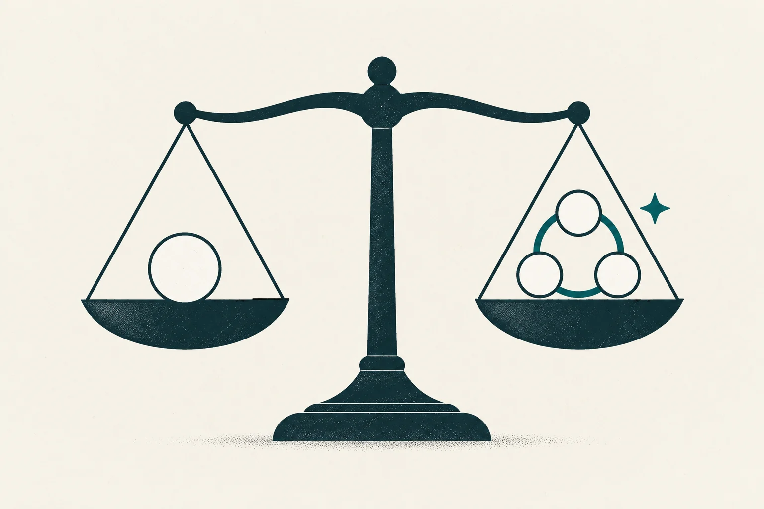 Balanced scales comparing one commission token with a cycle of three recurring tokens