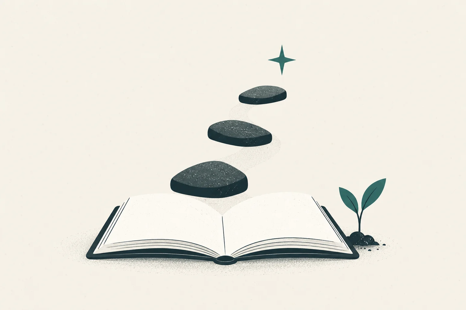 Open guidebook with stepping stones and a small sprout representing a low-cost path to starting