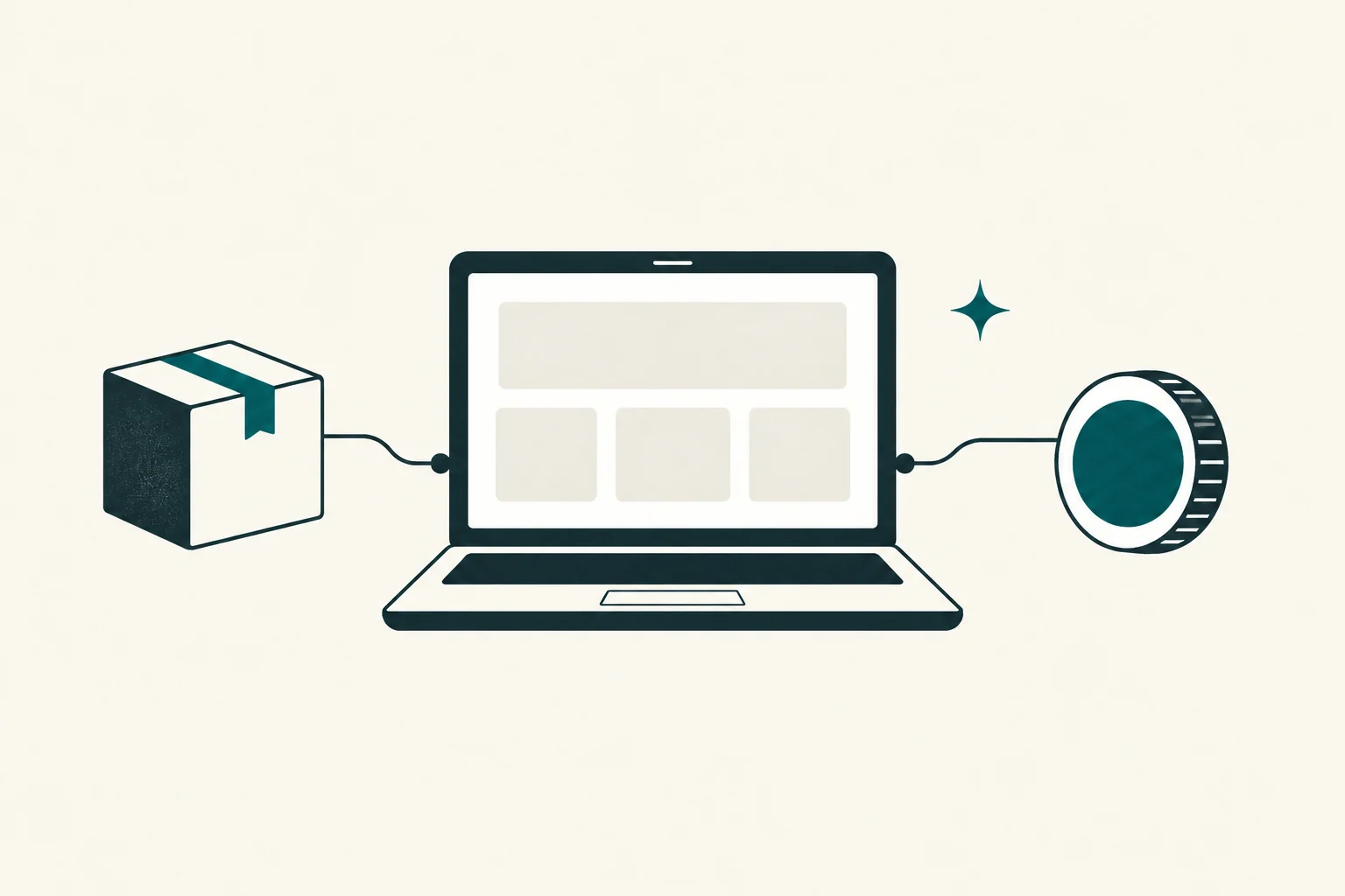 Laptop connected to a product parcel and a commission token in a calm editorial illustration