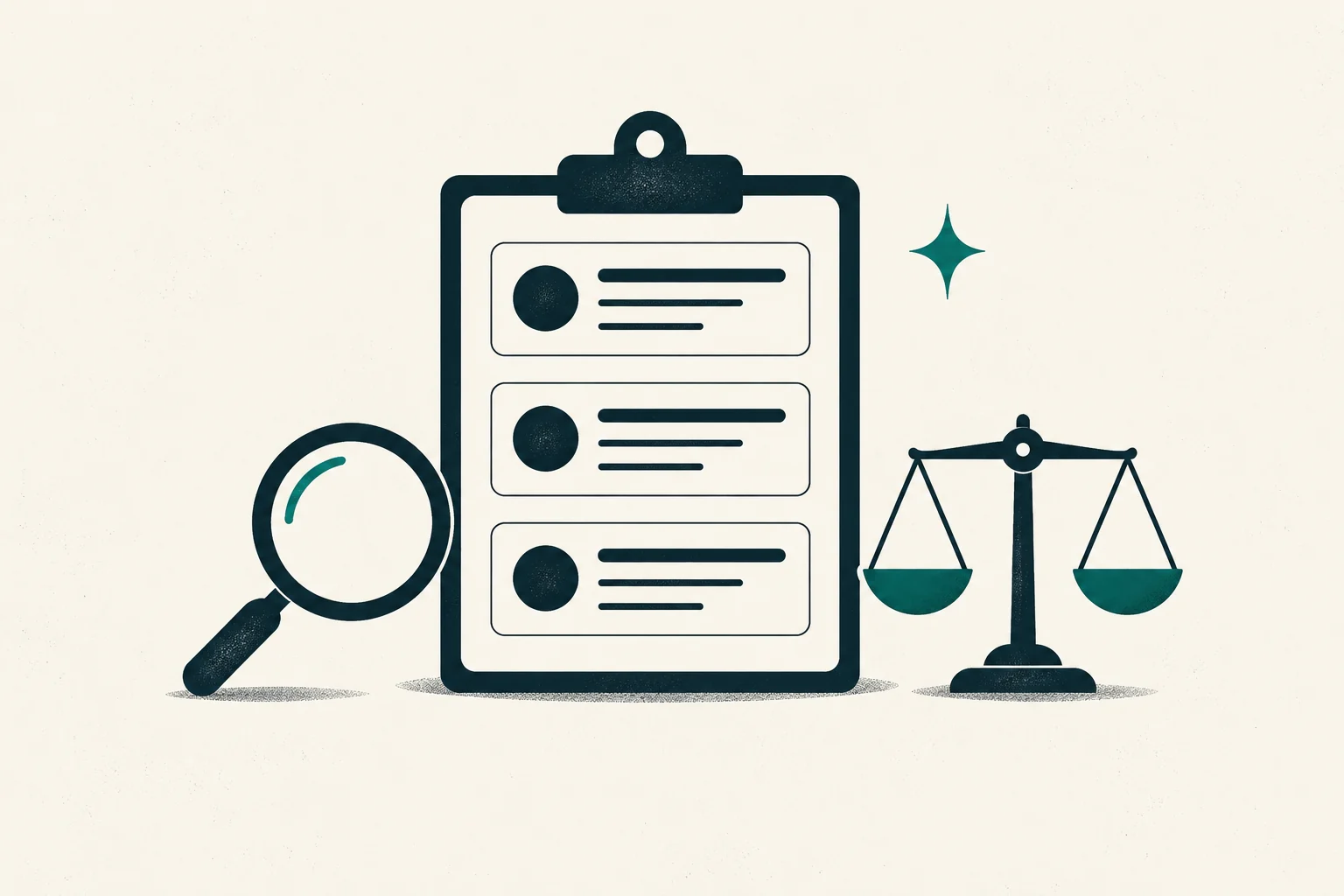 A review checklist on a clipboard beside a magnifying glass and balanced scales